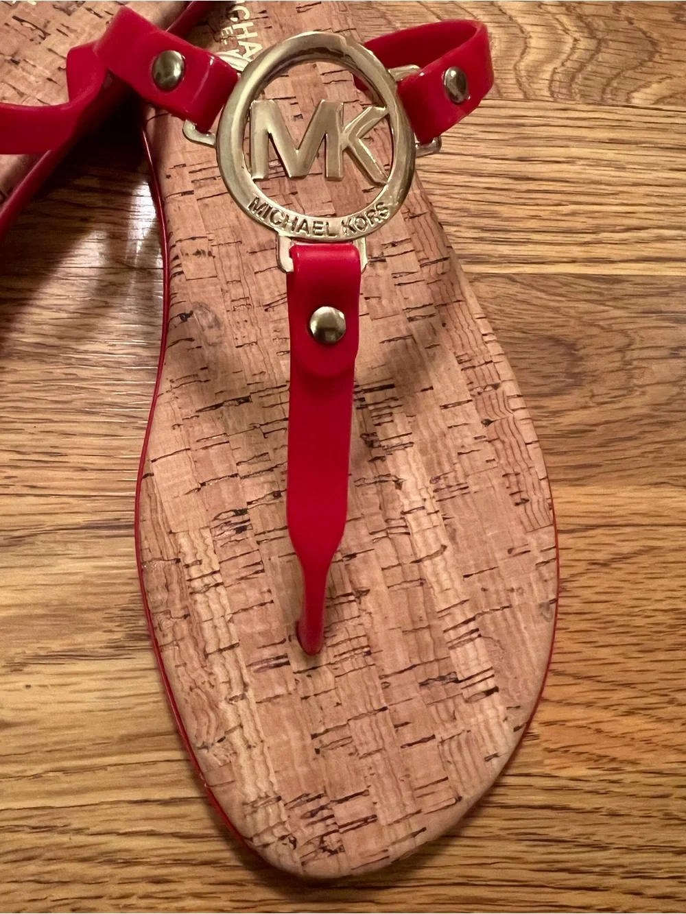 Michael Kors Red Logo Charm Jelly T-Strap Cork Sandals/Flip Flops.
